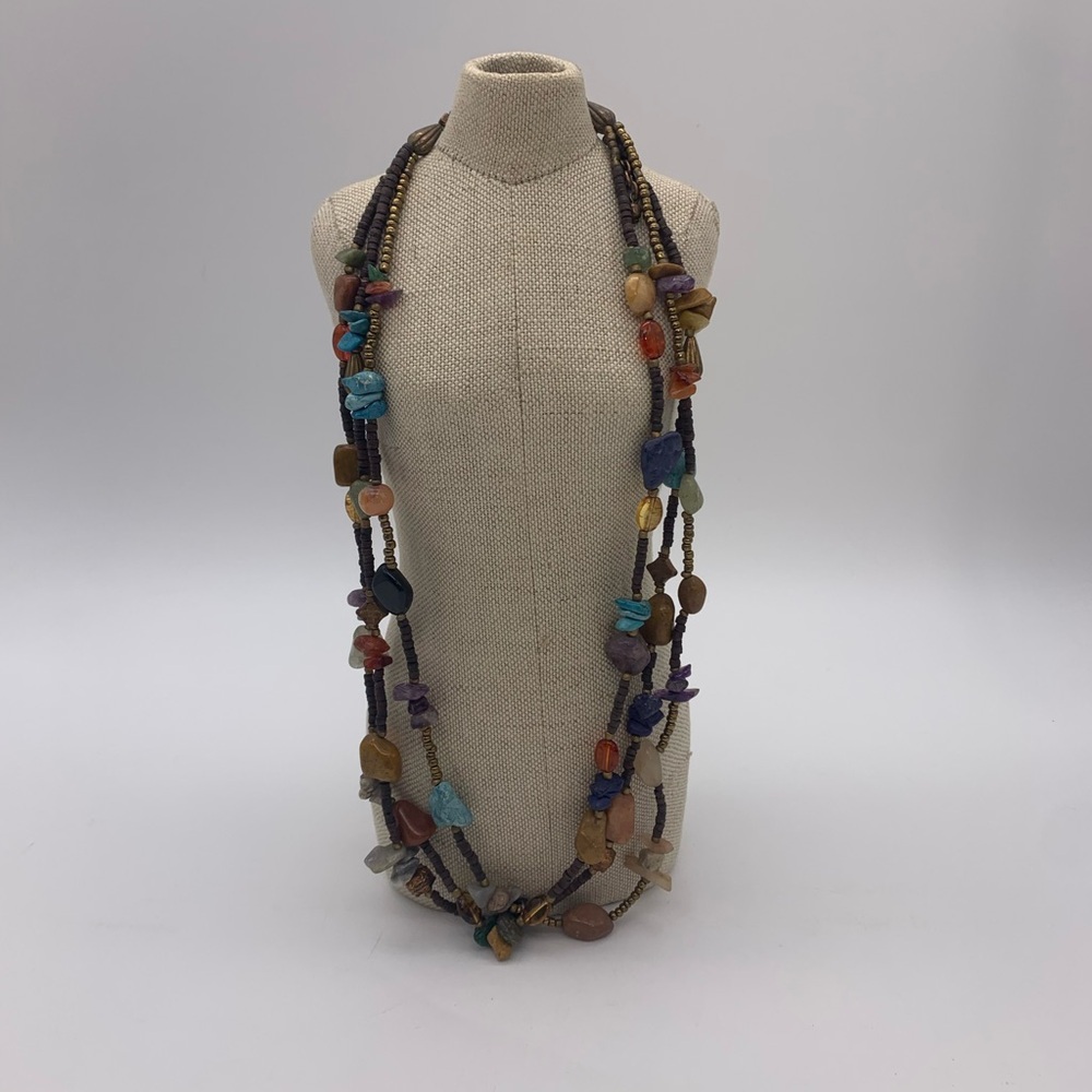Vintage 3 Strand Turquoise & Multi Natural Gemstones & Acrylic Beaded Necklace